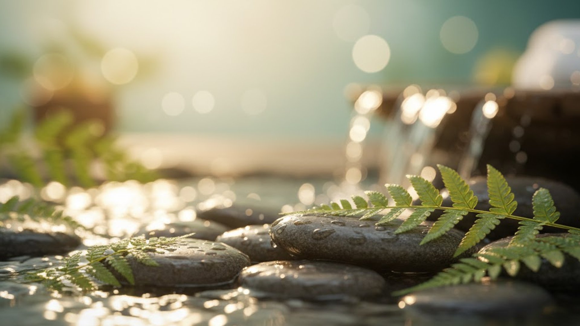Peaceful zen stones with ferns and water symbolizing natural healing and balance